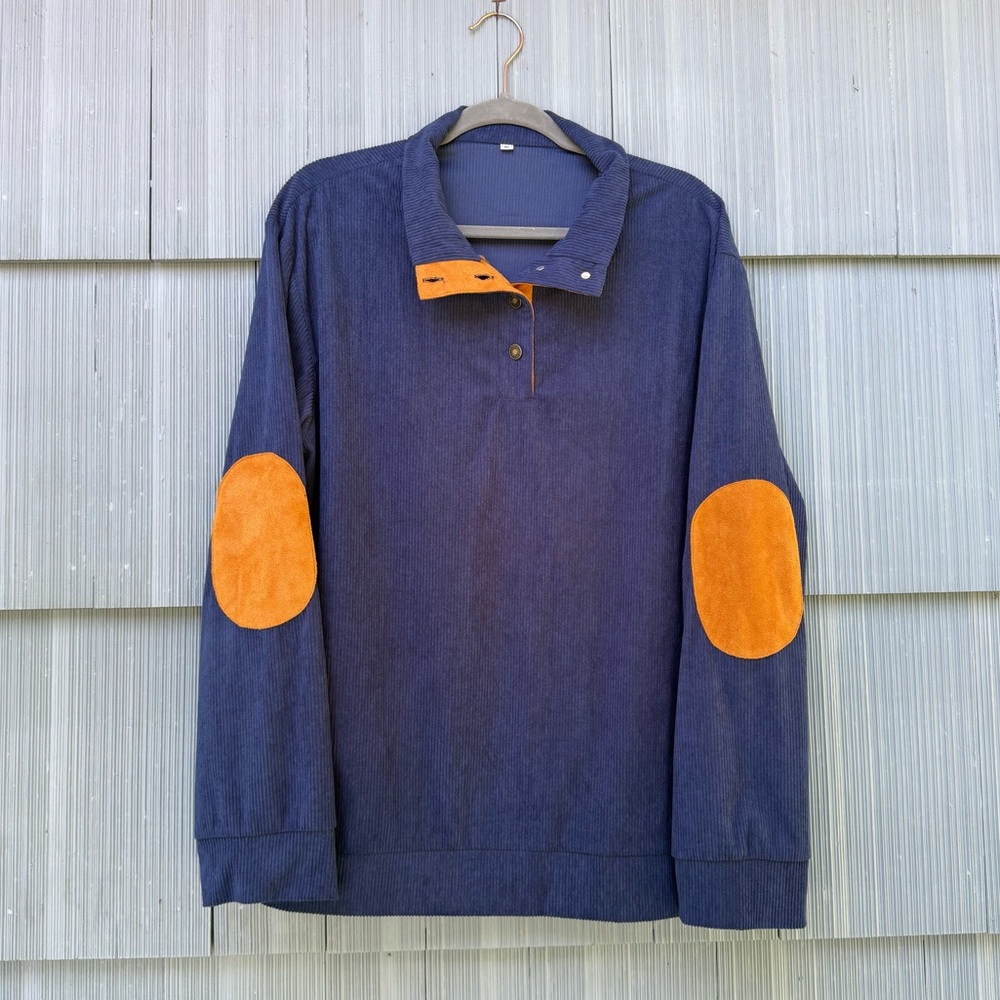 Navy and Tan Corduroy Shirt with Suede Elbow Patches, Half Snap Pullover XL